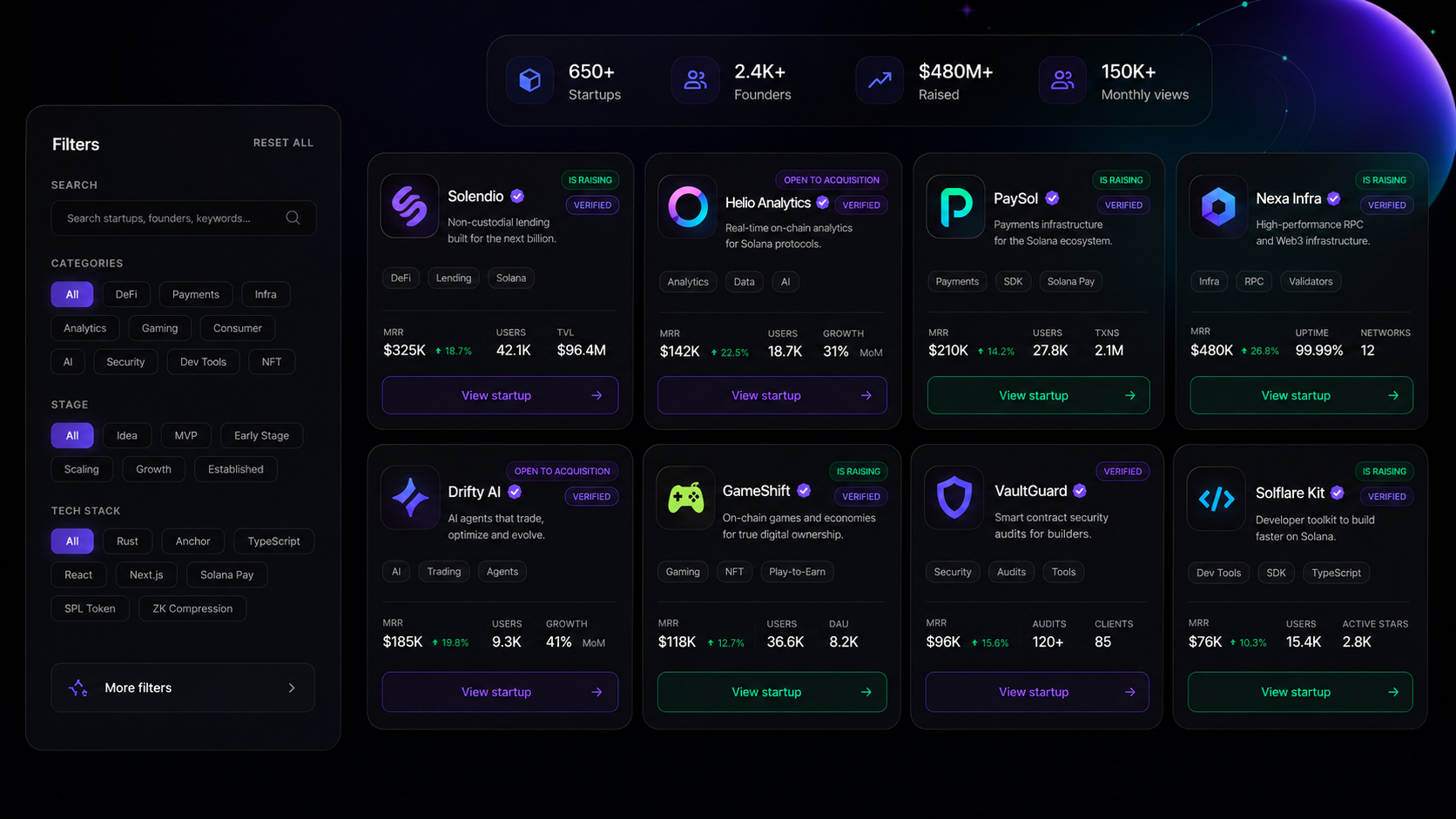 Orbital marketplace interface with filters and startup listing cards